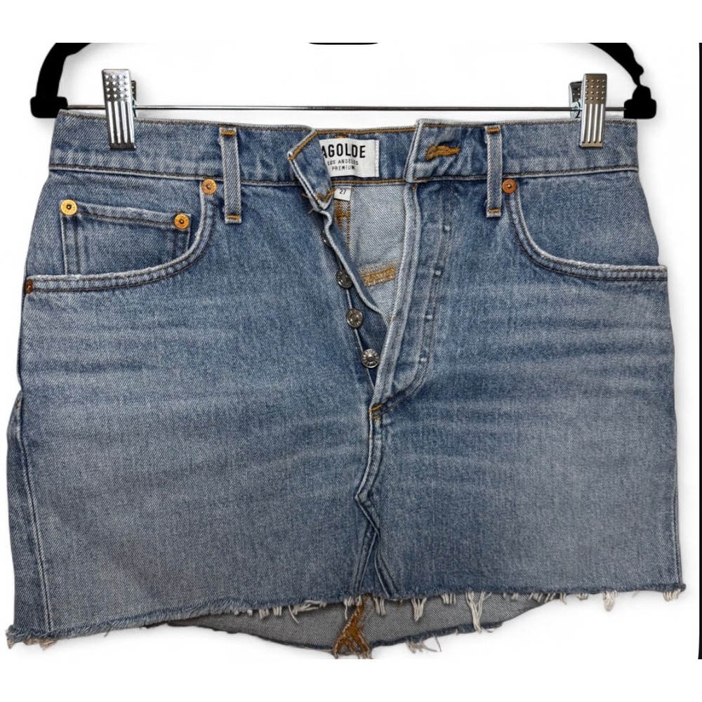 AGOLDE Quinn High Rise Mini Skirt Light Indigo Denim Raw Hem Button Fly